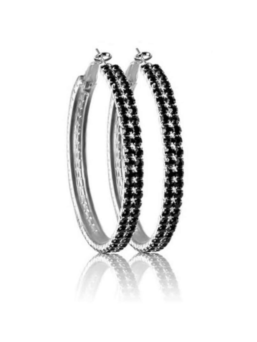 Black Austrian Crystal Double Row Hoop Earrings SilverTone Statement Goth 2.25"
